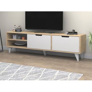 Vente-unique Tv-meubel met 2 deuren en 2 nissen - Wit en naturel - CORENIA L 180 cm x H 47 cm x D 35 cm