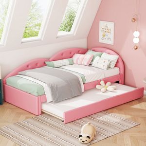 Sweiko Slaapbank 90*200cm, Gewatteerd bed, Uitgerust met uitschuifbaar bed, Stijlvol en eenvoudig, PU-materiaal, Roza