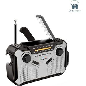 LifeStages - Noodradio Opwindbaar en Batterij - Zonne-radio - AM/FM Draagbare Crankradio - Dynamo Noodradio met 4000 mAh Oplaadbare Batterij - LED-zaklamp - SOS-alarm voor Kamperen, Buiten, Noodsituatie - Wit/Zwart
