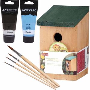 Houten vogelhuisje/nestkastje 22 cm - in het zwart/lichtblauw maken - Dhz schilderen pakket - 2x tubes verf en kwasten
