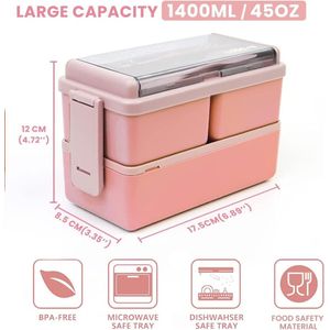 Lunchbox 1400ML 28 PCS, Dubbele Stapelbare Bento Box Container Meal Prep Containe Met Bestek, Verzegelde Versbewarende Doos, Alles in één Lekvrije BPA Gratis Lunchbox voor Volwassenen Roze