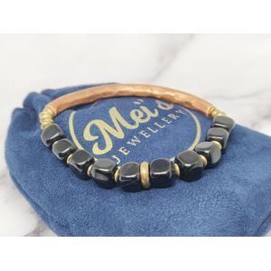 Mei's Tibetan Onyx Cubes | Tibetaanse armband dames | Edelsteen / Zwarte Onyx / Koper | polsmaat 16 cm / zwart / roségoud