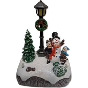 Kerst miniaturen sneeuwpop met kinderen - Met verlichting - 12 cm