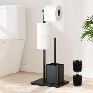 Toiletpapierhouder Rvs Staand met Toiletborstel - Toiletset met Toiletpapierhouder en Toiletborstel - Staande Toiletrolhouder met Glazen Plank - Toiletset voor Badkamer