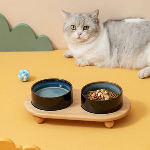 Keramische bak voor kat, kattenvoer en waterbak, kattenbak (2 x sterrenhemel + standaard)