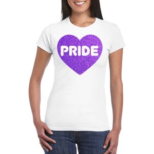 Bellatio Decorations Gay Pride T-shirt voor dames - pride - paars glitter hartje - wit - LHBTI XS