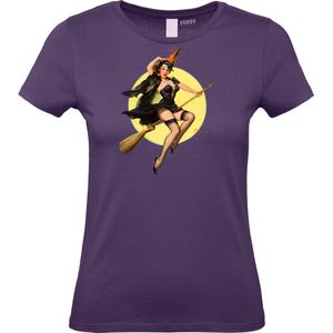 Dames T-shirt Heks PinUp | Halloween Kostuum Volwassenen | Halloween | Foute Party | Paars dames | maat XS