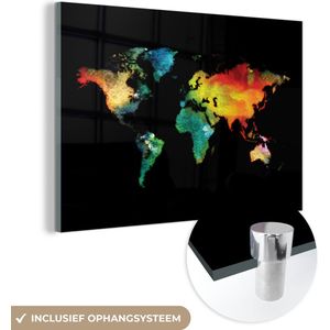 MuchoWow® Glasschilderij 30x20 cm - Schilderij acrylglas - Wereldkaart - Waterverf - Kleuren - Foto op glas - Schilderijen