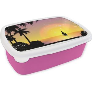 Broodtrommel Roze - Lunchbox - Brooddoos - Zeilboot - Palmboom - Zon - 18x12x6 cm - Kinderen - Meisje