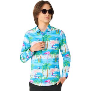 OppoSuits Lange Mouwen Overhemd Flaminguy Teen Boys - Tiener Overhemd - Tropisch Flamingo Shirt - Blauw - Maat EU 146/152
