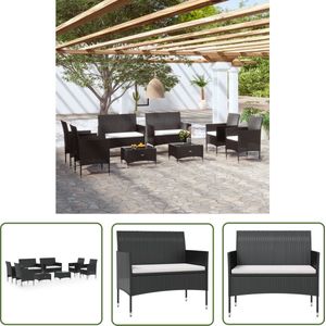 The Living Store Loungeset Poly Rattan - 2-zitsbank + Armstoel + Tafel - Zwart - CrÃ¨mewit