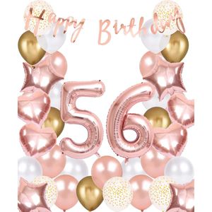 Snoes Ballonnen 56 Jaar Rose Gold White Dots - Compleet Feestpakket met cijfer ballon 56 jaar - Verjaardag Versiering Slinger Happy Birthday – Folieballon – Latex Ballonnen - Helium Ballonnen - Rose Feestpakket