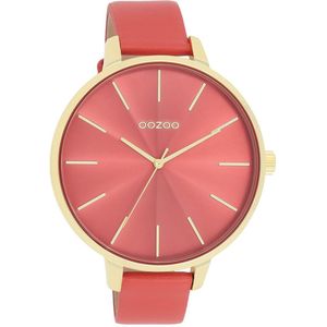 OOZOO Timepieces - Goudkleurige OOZOO horloge met rode leren band - C11255