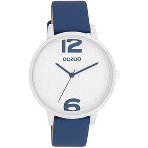 OOZOO Timepieces - Zilverkleurige OOZOO horloge met donker blauwe leren band - C11238