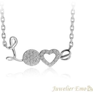 Juwelier Emo - LOVE Ketting met Zirkonia stenen - Zilveren Ketting met hanger - Zilver 925 - 45 CM