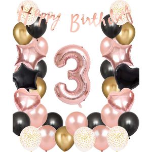 Snoes Ballonnen 3 Jaar Set Mega Rose Black Zwart Ballonen set - Compleet Feestpakket Cijferballon 3 Jaar - Verjaardag Versiering Slinger Happy Birthday – Folieballon – Latex Ballonnen - Helium Ballonnen