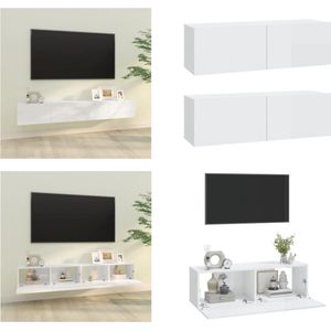vidaXL Tv-meubelen 2 st wandgemonteerd 100x30x30 cm hout hoogglans wit - Tv-kast - Tv-kasten - Tv-meubel - Tv-meubel Met LED-verlichting