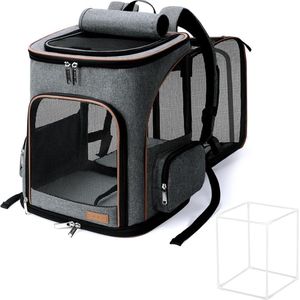 Grote kattenrugzak, hondenrugzak met stevig, afneembaar vezelframe, veiligheidslijn en huisdiermat, voor kamperen, wandelen, grijs, XL