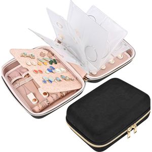 Reissieraden organizer case - sieraden thuis opslag boek ringband met doorzichtige zakken voor presentatie - zakje met ritssluiting voor oorbellen kettingen armbanden - zwart