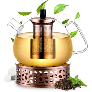 Élithé Theepot Glas Set 1,5 Liter met Filter en Warmhouder - Glazen Teapot voor Losse Thee en Theebloemen - Tea Maker - Theelicht houder voor Theekan met Zeef - Infuser - Warmer - Brons