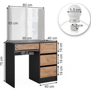 Vicco Sherry Kaptafel – 90 x 75 cm met spiegel & LED-verlichting Antraciet/gouden eik met spiegel & LED-verlichting
