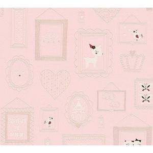 Kinderbehang Profhome 369912-GU vliesbehang glad met kinder patroon mat roze wit 5,33 m2