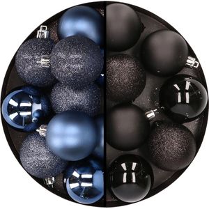 24x stuks kunststof kerstballen mix van donkerblauw en zwart 6 cm - Kerstversiering