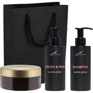 Douchepakket White Lotus - Shower & Wash + Shampoo + Scrubzout 300 gram - 300 ml per fles - set van 2 stuks - met luxe gift tas - cadeau - giftset voor hem en haar