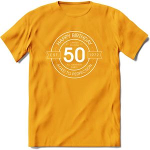 50th Happy Birthday T-shirt | Vintage 1972 Aged to Perfection | 50 jaar Abraham en Sarah verjaardag cadeau | Grappig feest shirt Heren – Dames – Unisex kleding | - Geel - XXL