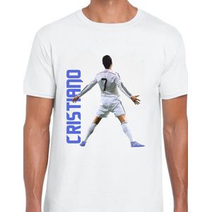 CR7 Uniseks T-Shirt - wit text blauw- Maat XXL - Korte mouwen - Ronde hals - Normale pasvorm - Cristiano ronaldo - Voetbal - Voor mannen & vrouwen - Kado - Veldman prints & packaging