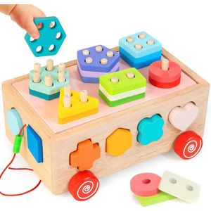 Houten motorische kubussen, stapelbare puzzel, houten speelgoed, stapelspel voor het sorteren van vormen, schuif- en trekspeelgoed, Montessori educatief speelgoed voor kinderen vanaf 1 jaar