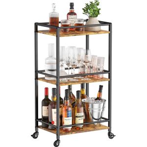 Bar Wagen,3 Tier Barwagen met Wielen,Thee Serveerwagen op Vergrendelbare Wielen,Keuken Cocktail Wijn Wagen voor Eetkamer Woonkamer,Drank Kar,Barwagen met Wielen 43,2x30x81,5cm,Rustiek Bruin