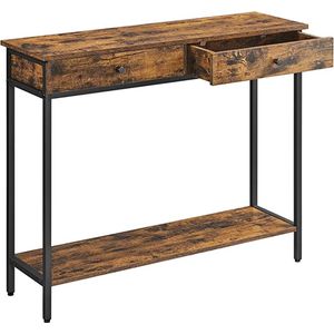 Hoppa! Consoletafel, hal tafel, bijzettafel, bank tafel met 2 laden, stalen frame, hal, woonkamer, industrieel ontwerp, vintage bruin-zwart