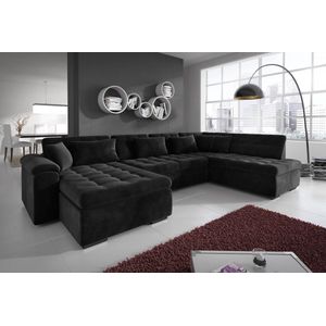 Meubella - Hoekbank Nicoreta - Velvet - Compleet Zwart - Ruime U-vorm - Inclusief Kussens