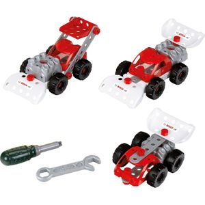 Klein Toys Bosch 3in1 Bouwpakket raceteam - 34 onderdelen - incl. blauwdrukken voor 3 raceauto's, momentsleutel en schroevendraaier - rood grijs