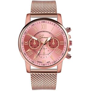 Fako® - Horloge - Geneva - Roman - Mesh Look Rosé - Ø 40mm - Roze