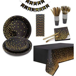 82 Stuks Zwart Goud Partyserviesset-Verjaardag - Bruiloft-feestdecoratie met borden , tafelkleed
