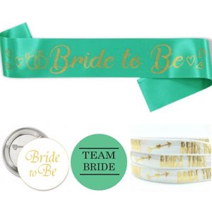 Vrijgezellenfeest set Bride to Be en Team Bride mint groen, goud en wit 18-delig - vrijgezellenfeest - button - bride to be - sjerp - mint - armband