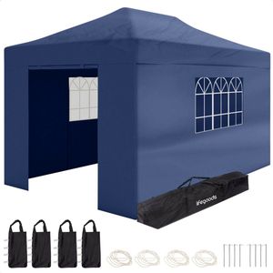 LifeGoods Partytent - Paviljoen - 3x4.5 m - Zijwanden - Easy Up - Opvouwbaar - Waterdicht - Draagtas met Wieltjes - Donkerblauw