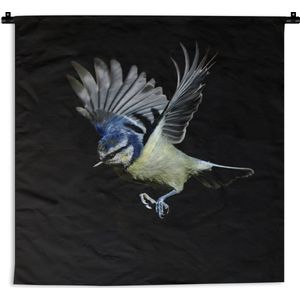 WandkleedDieren - Pimpelmees vogel op een zwarte achtergrond Wandkleed katoen 150x150 cm - Wandtapijt met foto