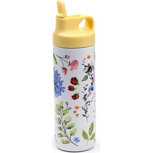 Drinkfles Thermosfles RVS - Nectar Meadow - Bijen & Wildebloemen - Wit/Lichtblauw - Flip Top - 500ml - 22.5x7x7cm