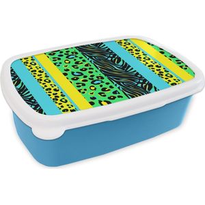 Broodtrommel Blauw - Lunchbox - Brooddoos - Design - Panterprint - Geel - Groen - 18x12x6 cm - Kinderen - Jongen