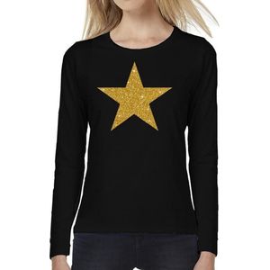 Ster van goud glitter t-shirt long sleeve zwart voor dames- zwart shirt met lange mouwen en gouden ster voor dames XXL
