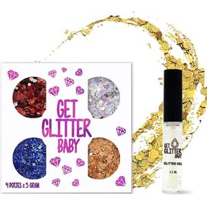 GetGlitterBaby® - Glitter Set Chunky Festival Glitters voor Lichaam en Gezicht Glitterset Nederlands Elftal / Face Body Glitterlijm Set Tattoo / Gel Glittergel - 4 Potjes - en Glitter Lijm HuidLijm / Rood / Zilver / Blauw / Oranje