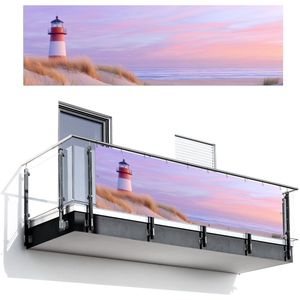 Balkonscherm 300x90 cm - Balkonposter Vuurtoren - Duinen - Zonsondergang - Balkon scherm decoratie - Balkonschermen - Balkondoek zonnescherm