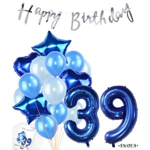 Snoes Ballonnen 39 Jaar Feestpakket – Versiering – Verjaardag Set Mason Blauw Cijferballon 39 Jaar - Heliumballon