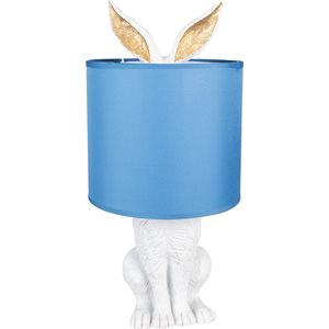 HAES DECO - Tafellamp - City Jungle - Konijn in de Lamp, formaat Ø 20x43 cm - Wit met Blauwe Lampenkap - Bureaulamp, Sfeerlamp, Nachtlampje