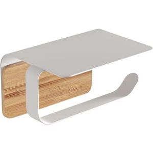 Selbro ® Wandgemonteerde Toiletrolhouder met Plank - Mat Wit en Bamboe Hout