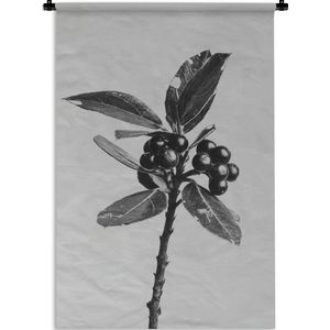 Wandkleed Abstracte Bloemen - Zwart-Wit close-up van een abstracte tak met bessen Wandkleed katoen 90x135 cm - Wandtapijt met foto