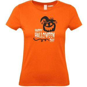 Dames T-shirt Happy Halloween Day | Halloween kostuum kind dames heren | verkleedkleren meisje jongen | Oranje | maat S